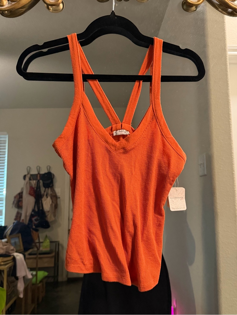 Free People Orange Ribbed Double-Strap V-Neck Tank